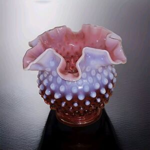 Fenton Cranberry Opalescent Glass Rose Bowl Hobnail Pattern Red Pink White Ombre